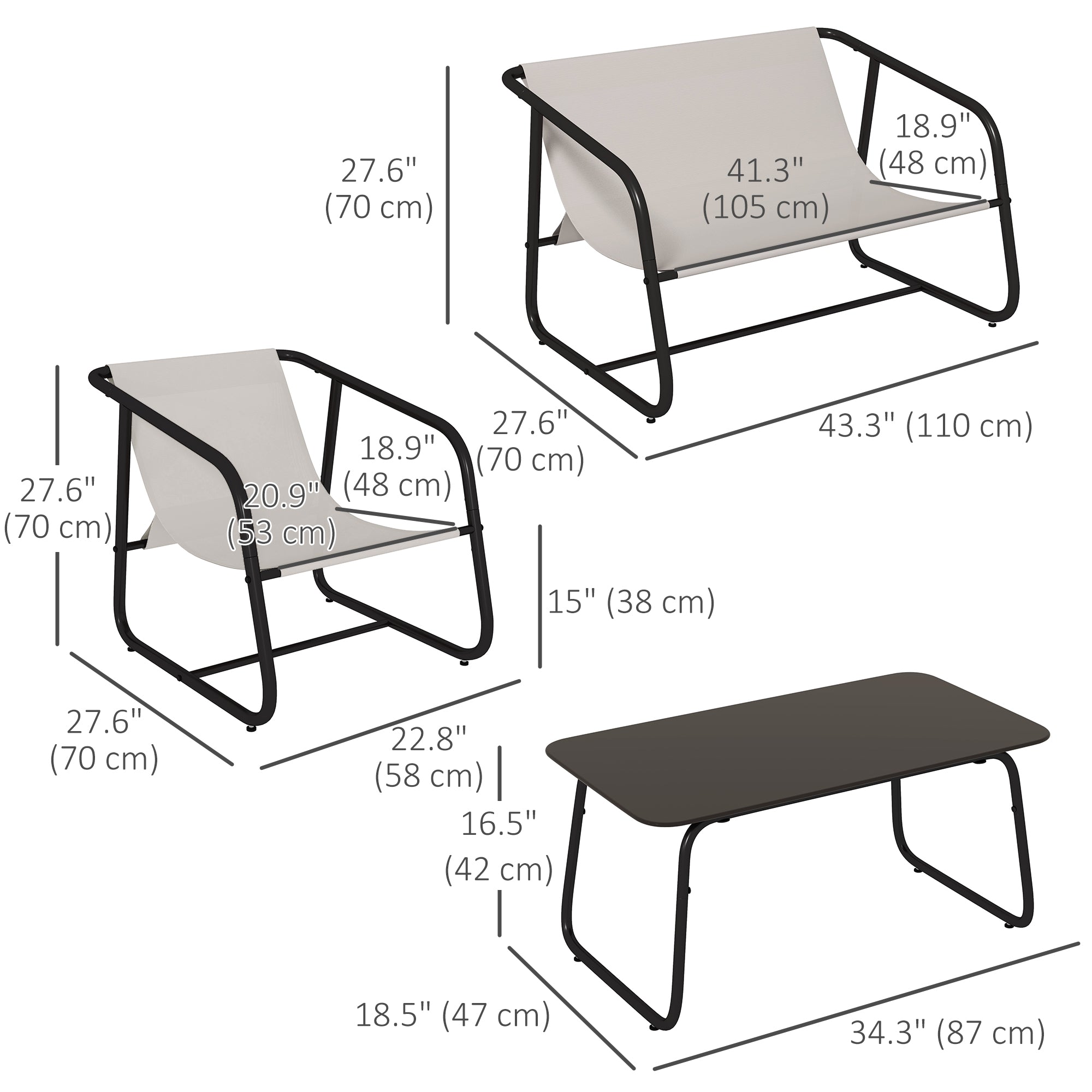 Outsunny Garden Sofa Set, 4 Piece Patio Conversation Furniture Set with Glass Table, Breathable Mesh, Cream White 