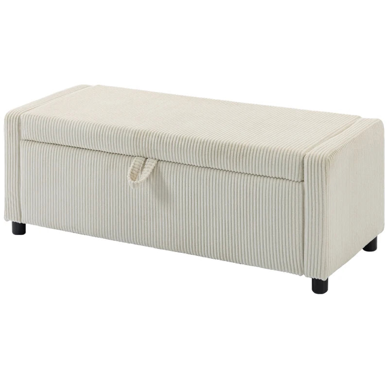 Storage Ottoman, Upholstered Corduroy End of Bed Bench with Thick Padding, Storage Bench for Bedroom, Beige