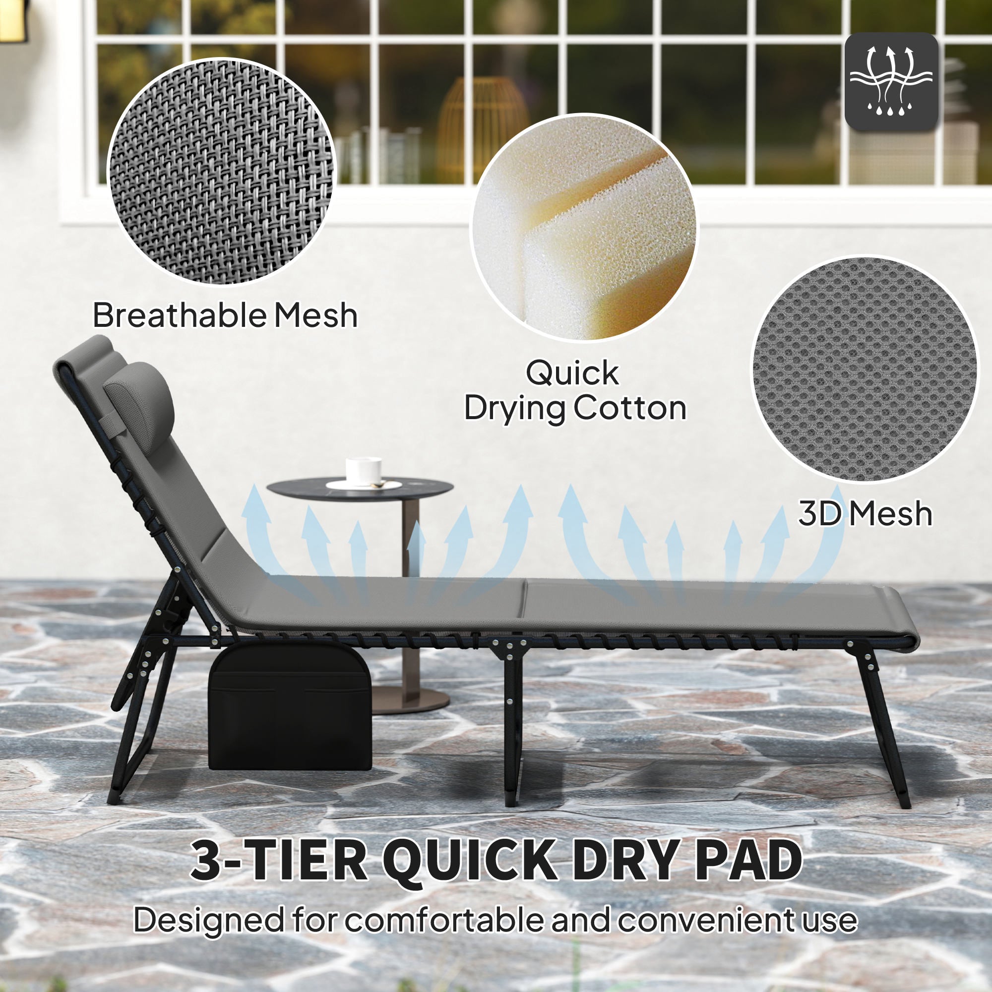 Outsunny Folding Chaise Lounge Chair Set of 2, Reclining Outdoor Lounge Chair Set with Quick Drying Pad Headrest Side Pocket, Tanning Chair Set for Beach Garden Pool, Light Grey 