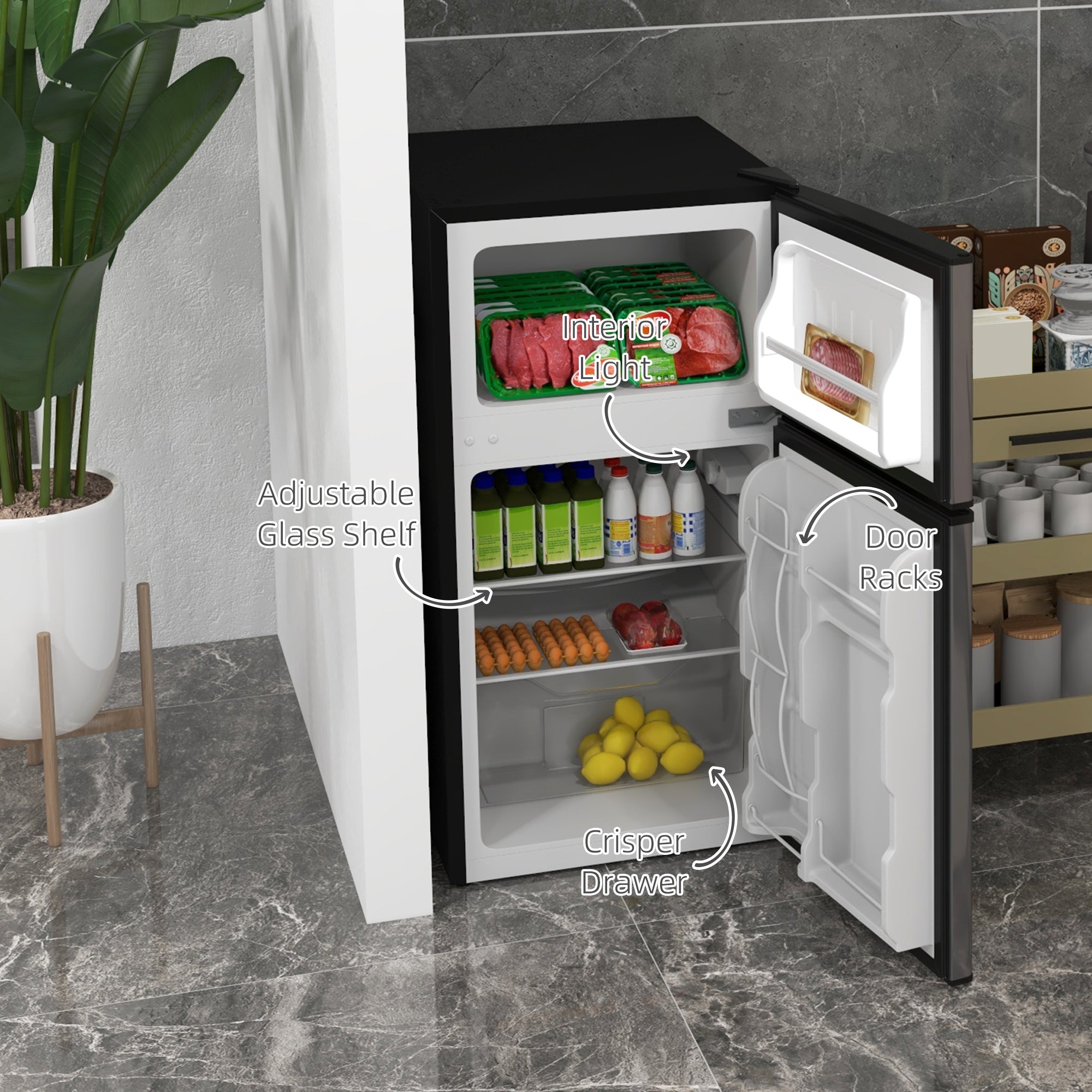 HOMCOM 3.2 Cu Ft Compact Refrigerator, Mini Fridge with Freezer, Adjustable Shelves and Reversible Doors for Bedroom, Silver 