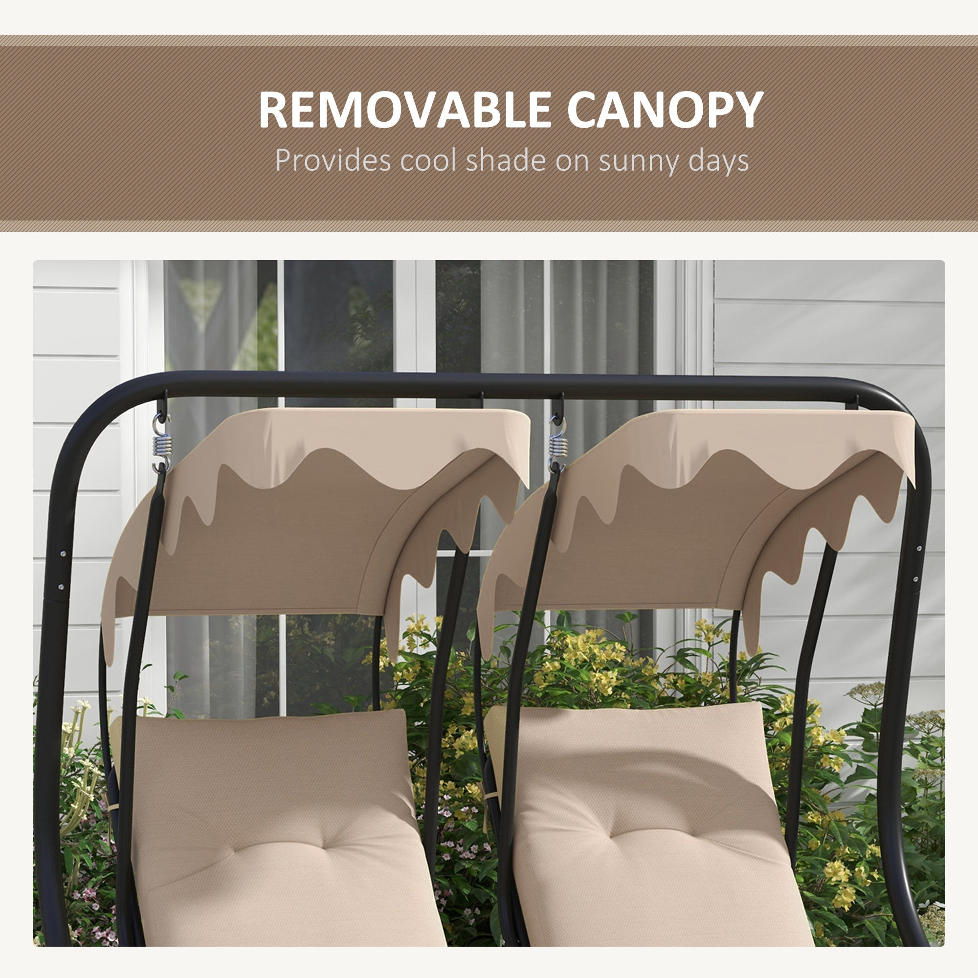 Outsunny 2-Seater Outdoor Porch Swing with Canopy, Patio Swing Chair for Garden, Poolside, Backyard, Beige 