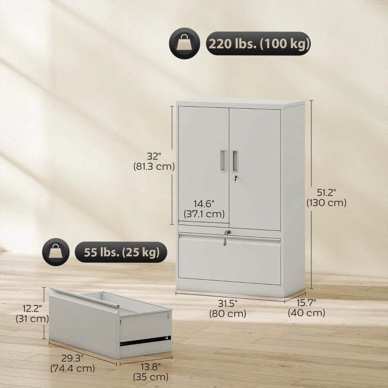 Lateral Filing Cabinet, Metal Storage Cabinet, Garage Cabinet with Double Locks, Adjustable Shelf and File Drawer, White