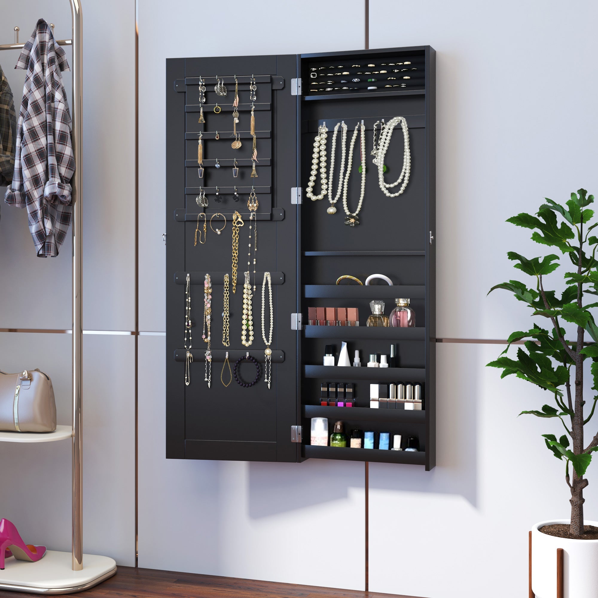 HOMCOM Wall-Mount Mirrored Jewelry Cabinet: With Real Glass Mirror, Lockable, Black 