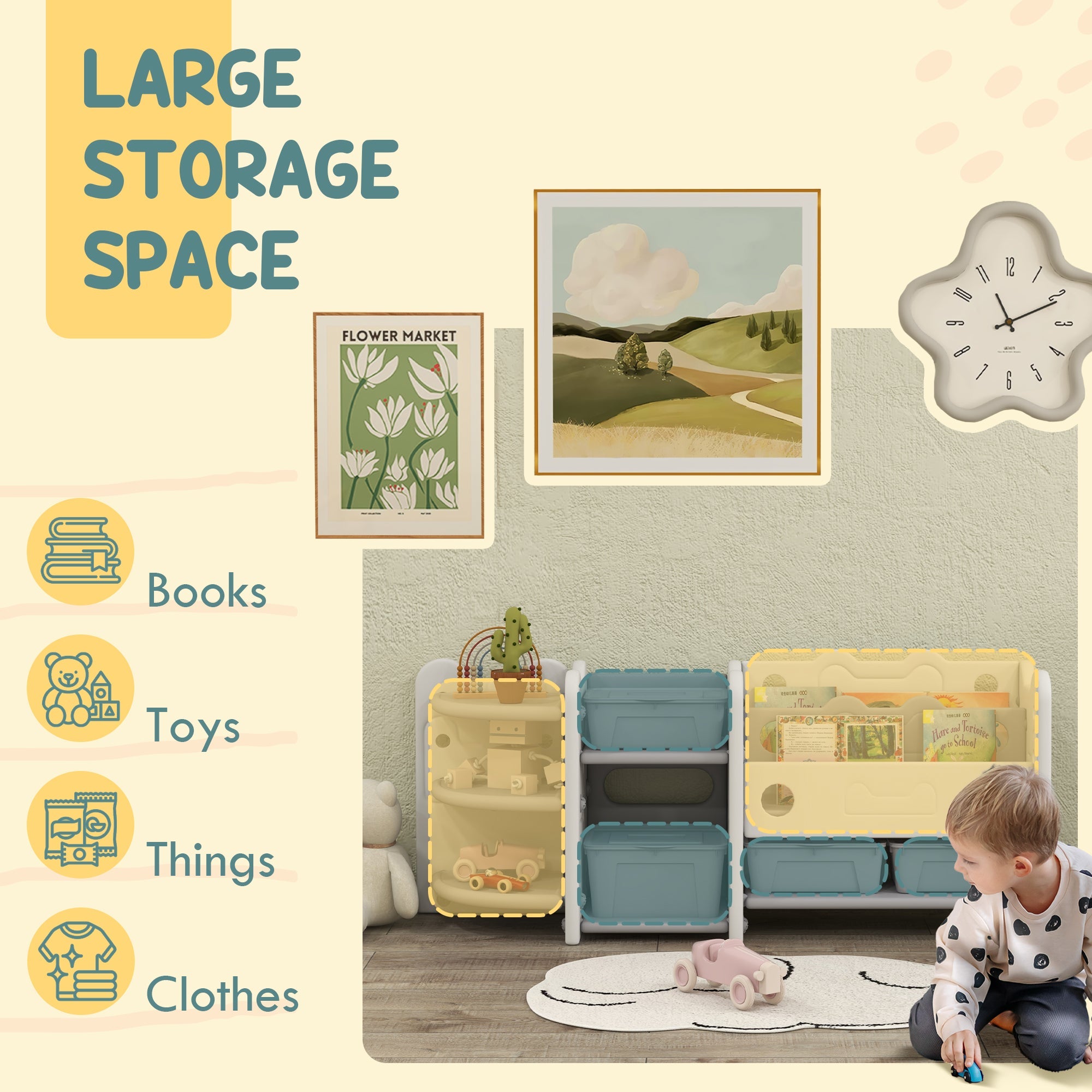 Qaba Toy Storage Organizer with 4 Storage Boxes, Bookshelves, Storage Racks, for Nursery, Kids Room, Playroom, Cream White 