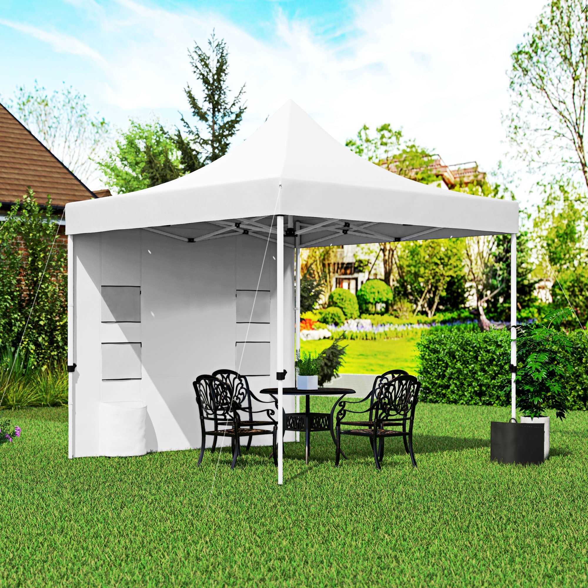 Outsunny 10' x 10' Heavy Duty Pop Up Canopy Tent w/ Sidewall, UPF50+ Instant Sun Shelter w/ Storage Pockets, Wheeled Bag, White 