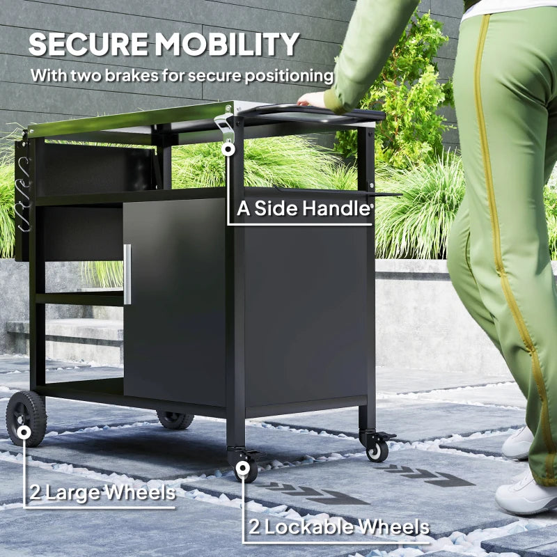Outdoor BBQ Stand with Foldable Side Table, Stainless Steel Top, Pizza Oven Table with Wheels Hooks Shelves