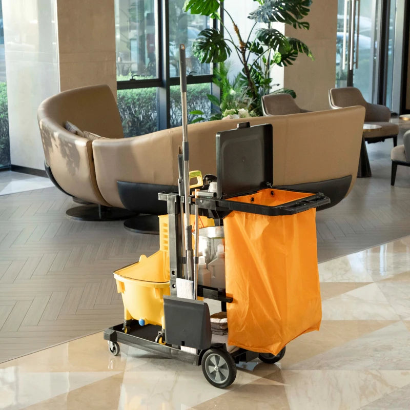 Commercial Janitorial Cart with 3 Tier Shelves, Cleaning Cart with Rubbish Bag and Mop Mount for Hotel Restaurant, Grey