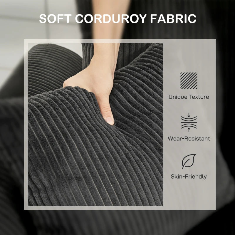 Corduroy Couch with 6 Back Cushions, 2 Pillows and Curved Armrests, Modern 3 Seater Sofa, Dark Grey