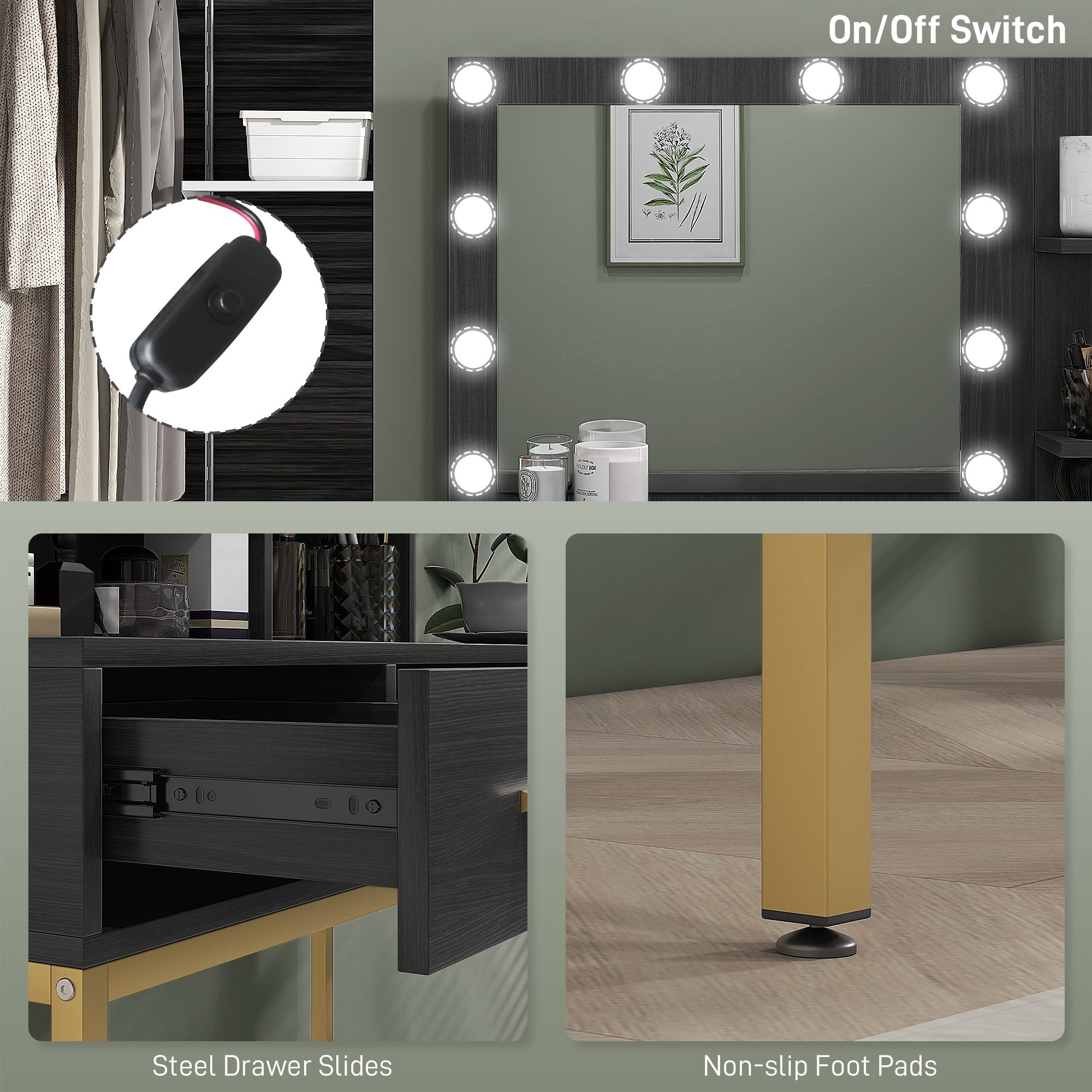 HOMCOM Illuminated Dressing Table, LED Vanity Table with Mirror, 3 Drawers and Storage Shelves for Bedroom, Black 
