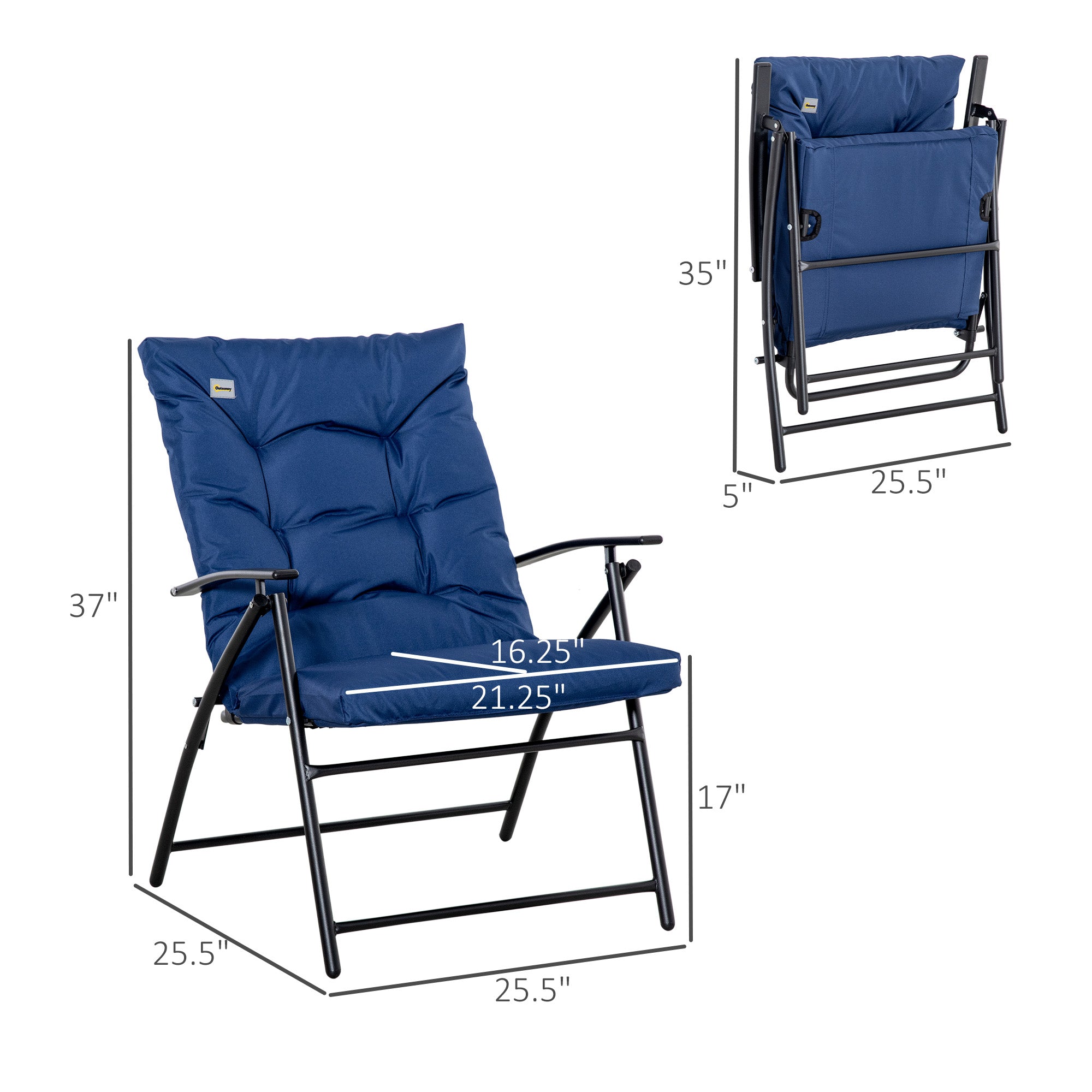 Outsunny Foldable Lounge Chair Fabric Upholstered Recliner Blue Outdoor Lounger with Armrest Metal Frame Camping Beach Chair 