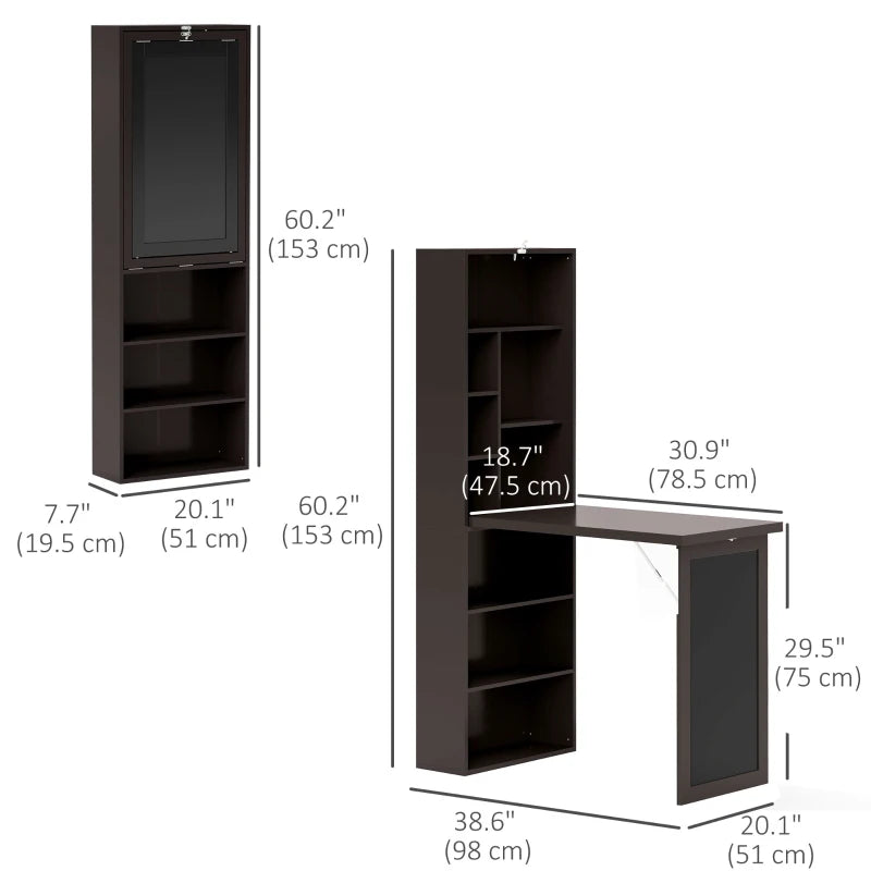 Fold-out Convertible Office Desk, Wall Mount Computer Desk with Blackboard and Side Shelf, Brown