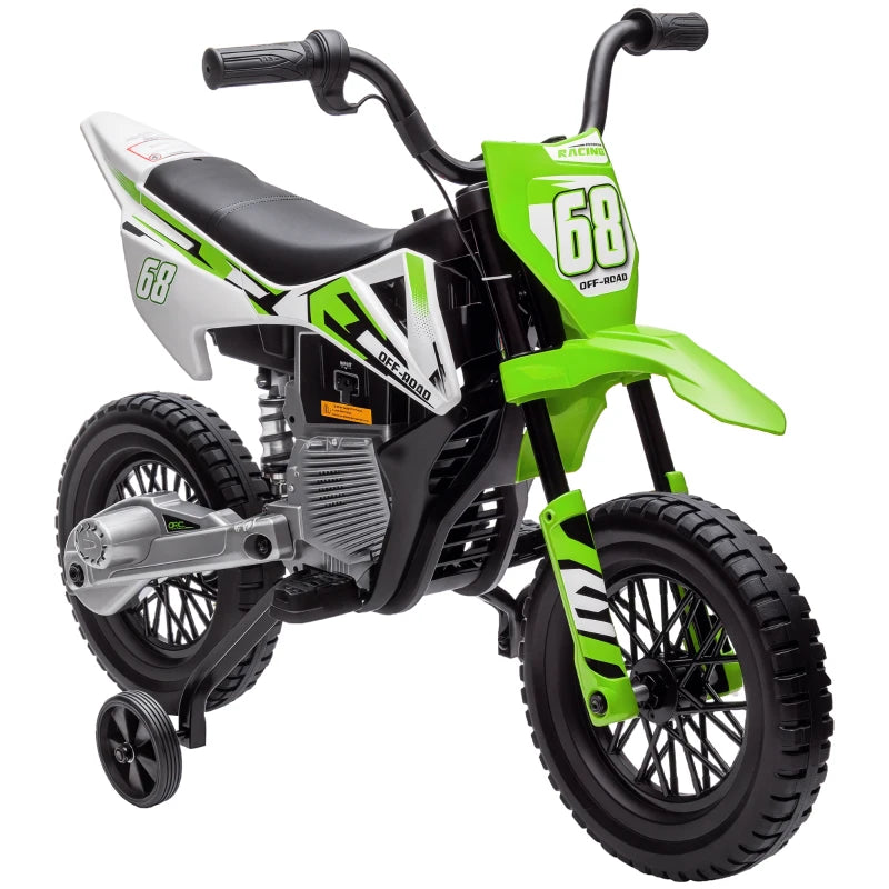 Qaba 12V Kids Dirt Bike, Electric Motorcycle with Twist Grip Throttle, Training Wheels, Rear Suspension & Music, Green