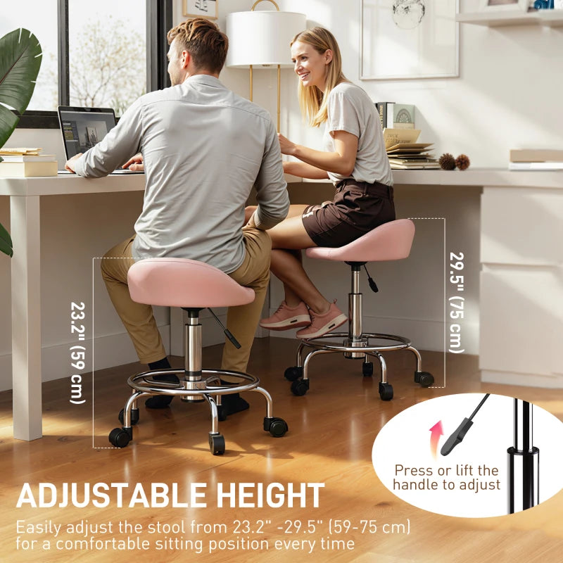PU Leather Rolling Stool, Height Adjustable Swivel Salon Chair with Backrest and Foot Rest for Spa, Tattoo, Pink