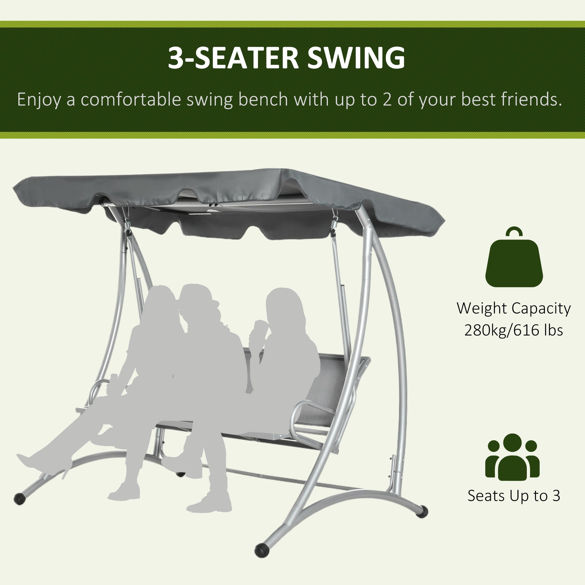 Outsunny 3 Person Patio Swing Seats with Adjustable Canopy Outdoor Swing Chair Bench for Garden, Poolside, Dark Grey 