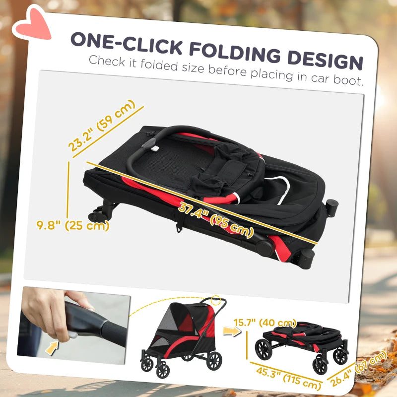 Foldable Pet Stroller for Large Dogs with Four Big Wheels, Shock-Absorbing Frame, Safety Leashes, Brakes, Black