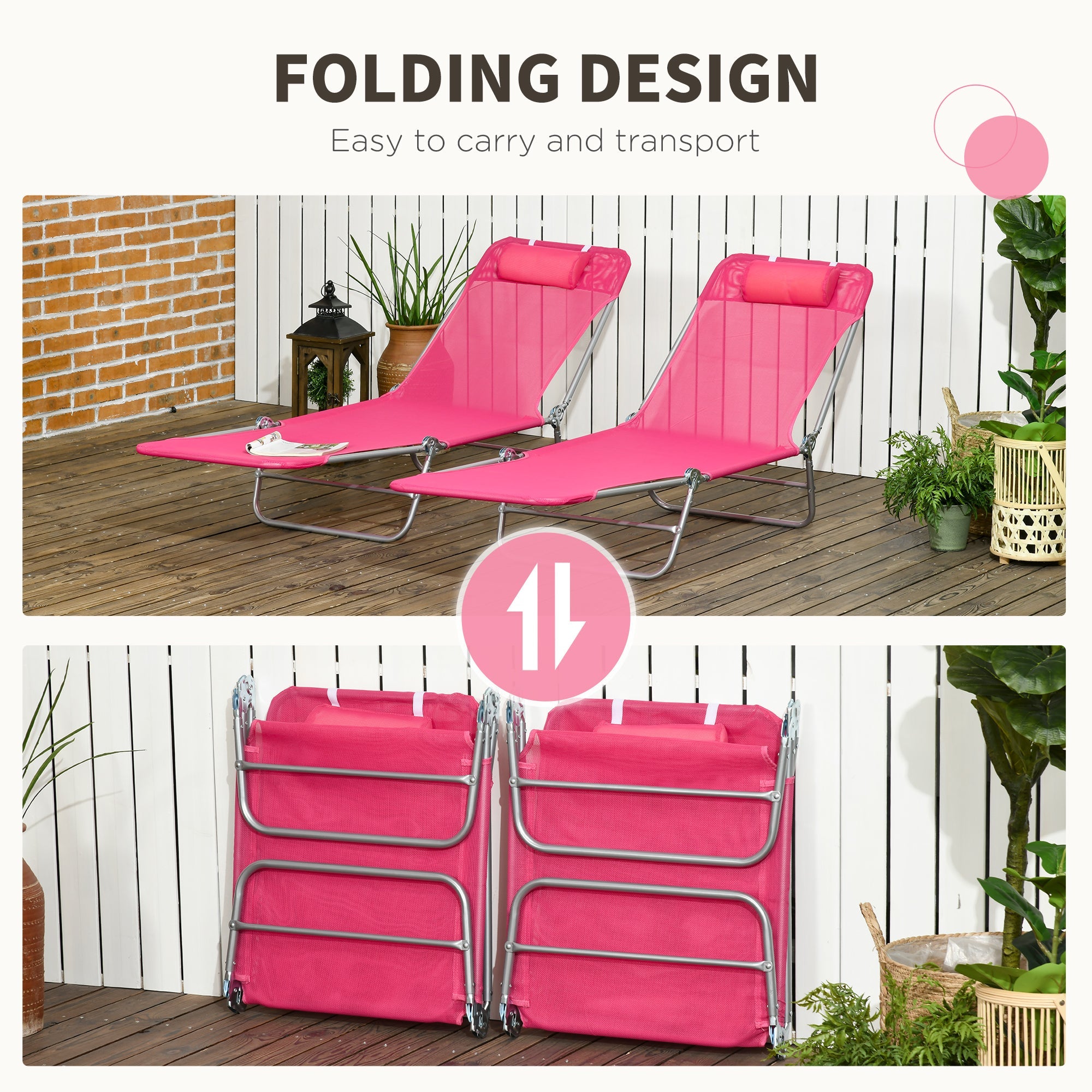 Outsunny Set of 2 Folding Chaise Lounge Chairs, Outdoor Poolside Sun Tanning Chairs w/ Pillow, Reclining Backrest, Pink 