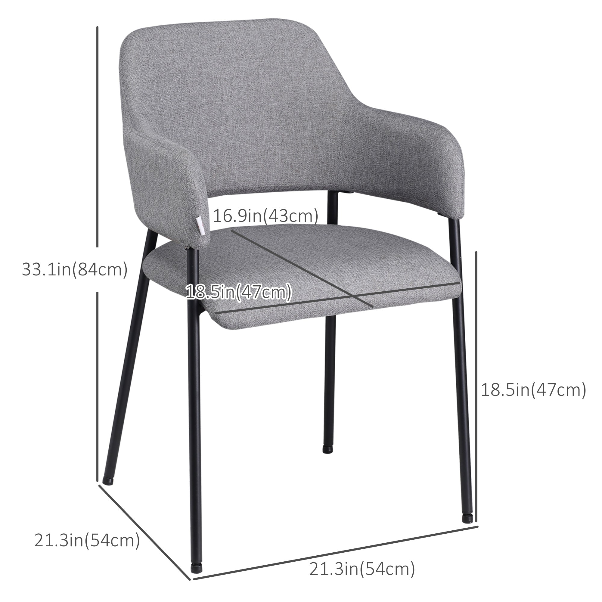 HOMCOM Modern Dining Chairs Set of 2 Linen Touch Fabric Accent Chairs with Armrests Steel Legs for Kitchen Stylish Comfortable Seating 