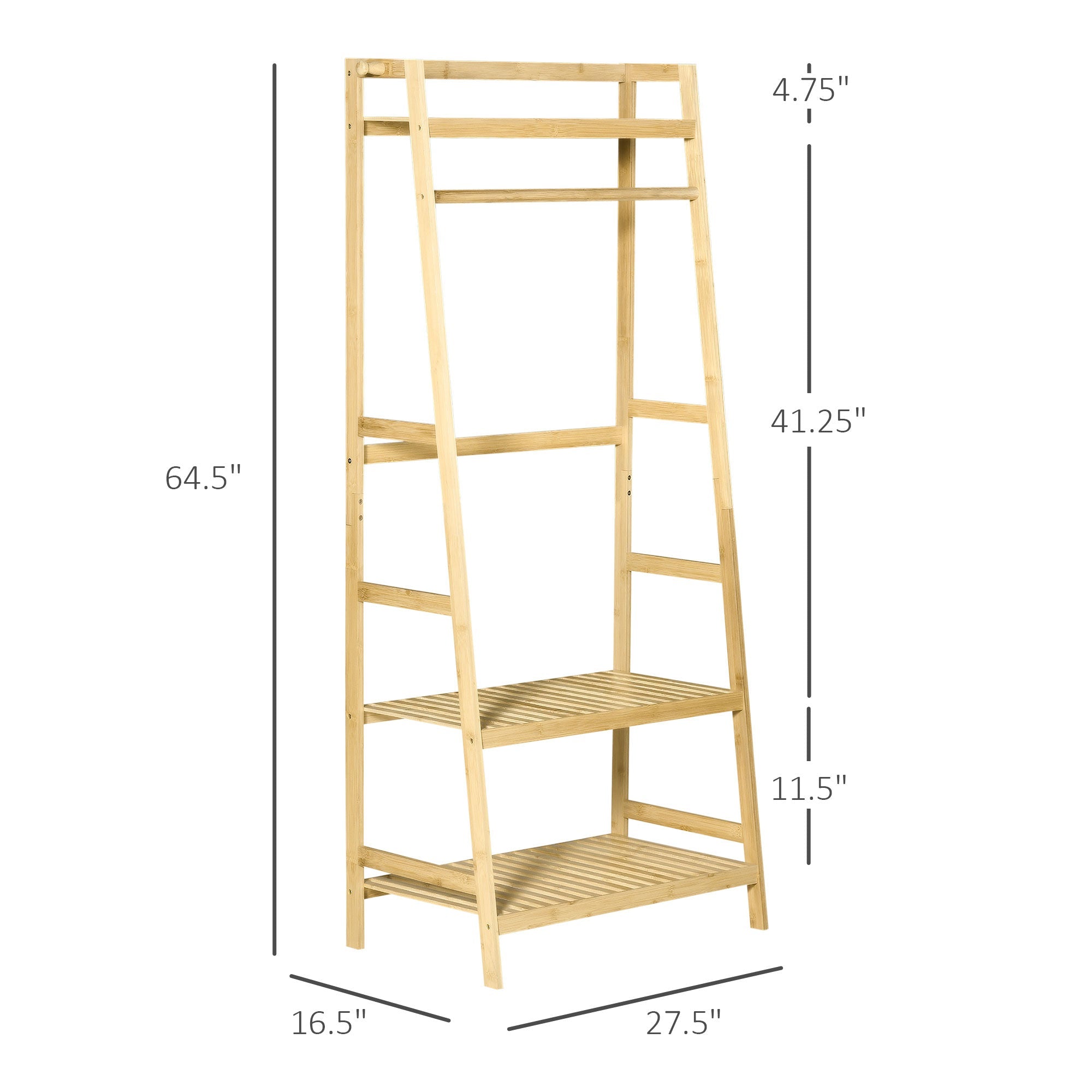 HOMCOM Freestanding Bamboo Garment Rack with 3 Tier Storage Shelves Hooks Hanging Rail for Clothes Natural 