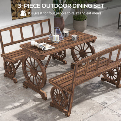 Outsunny Wooden Patio Table and Chairs for 4 People 3-Piece Carriage Wheels Design for Porch, Backyard, Balcony, Carbonized 