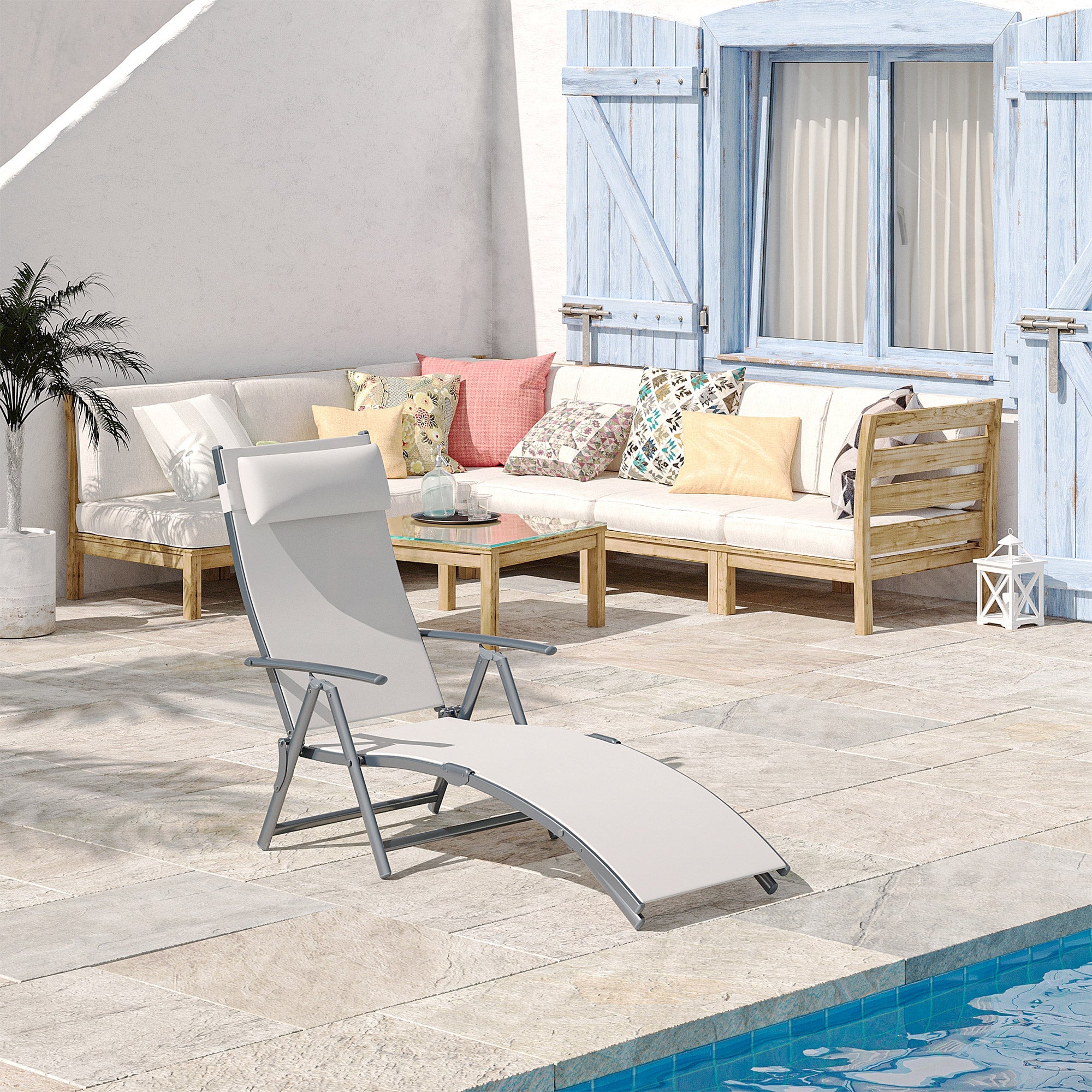 Outsunny Adjustable Reclining Patio Chaise Lounge Chair Tri-Fold Outdoor Garden Sun Lounger Cream 