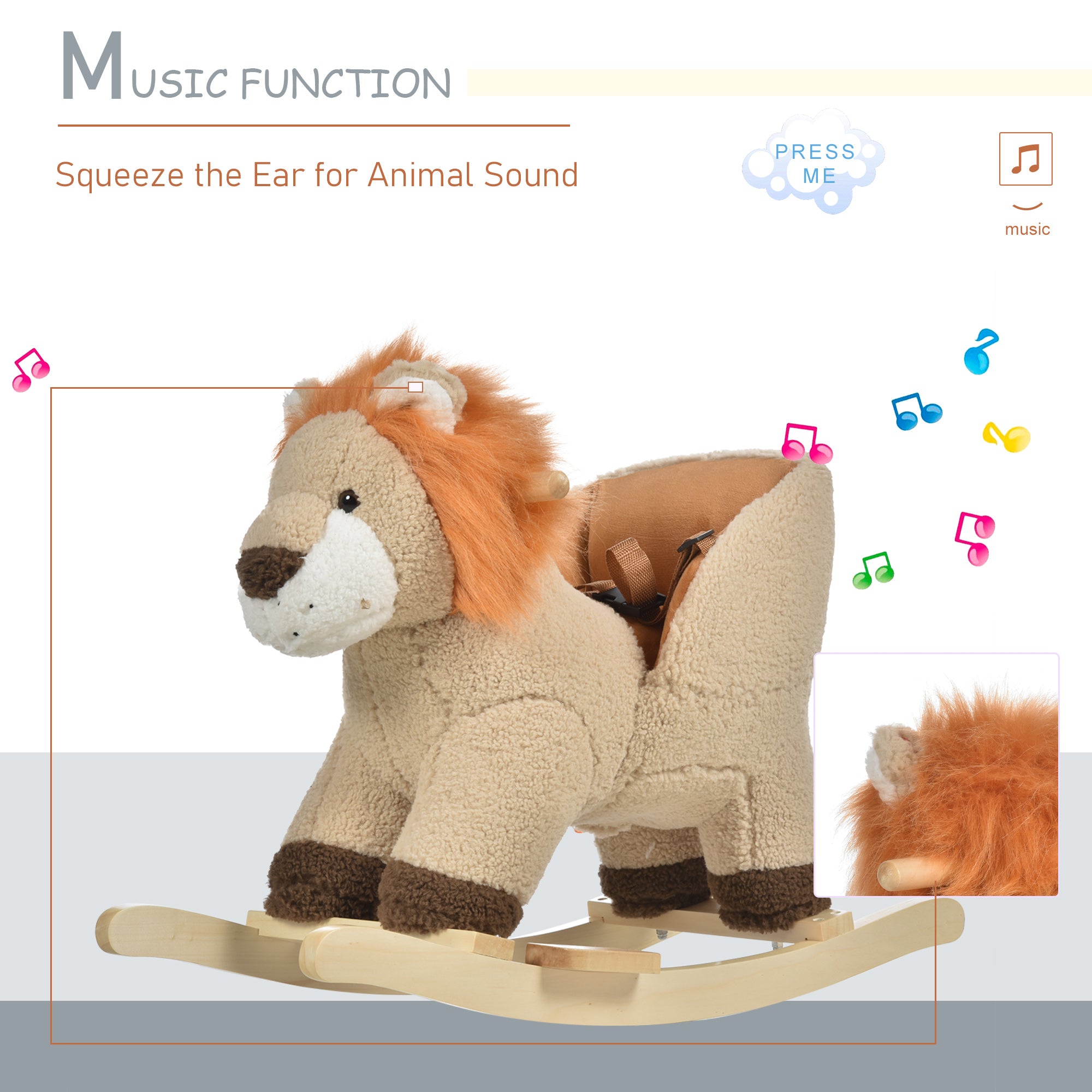 Qaba Lion Baby Rocking Horse - Plush Stuffed Rocker with Sound and Safety Belt, Wooden Base for Toddlers, Brown 