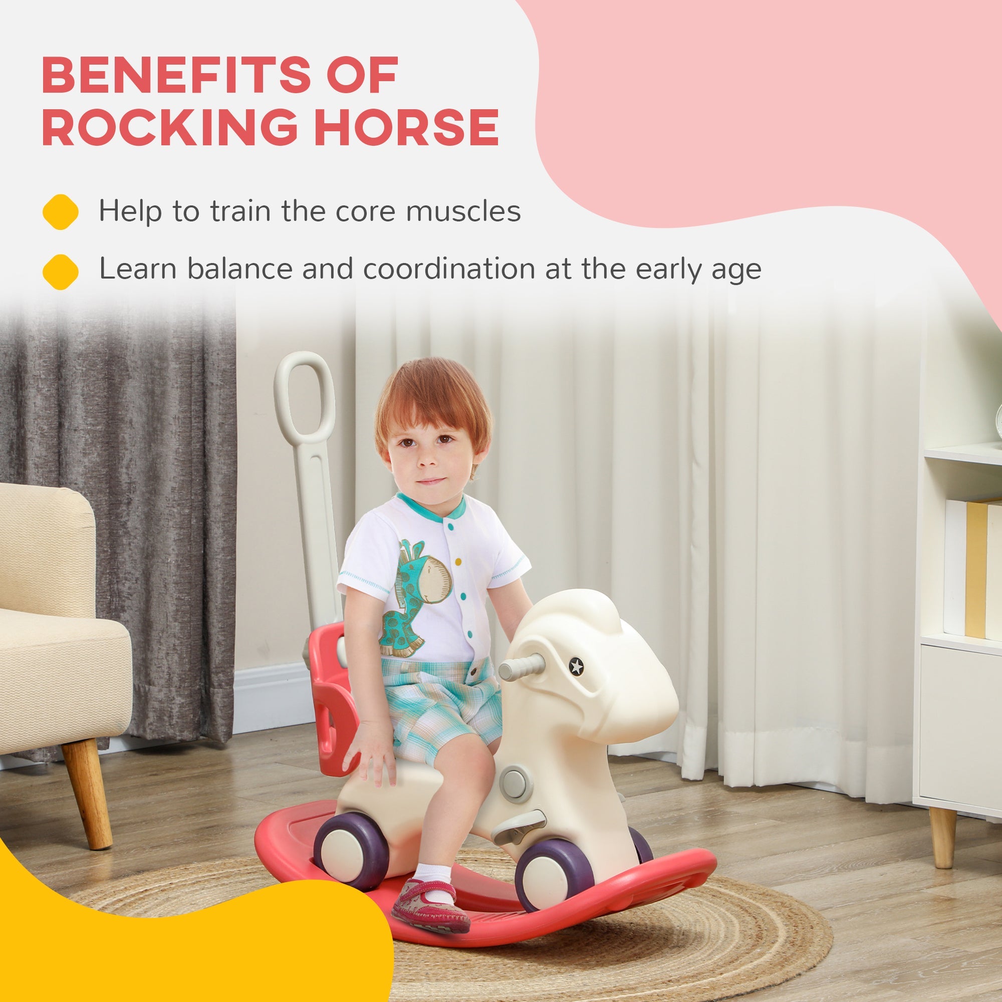 Qaba 4 in 1 Kids Rocking Horse w/ Detachable Balance Board & Push Handel, Red 