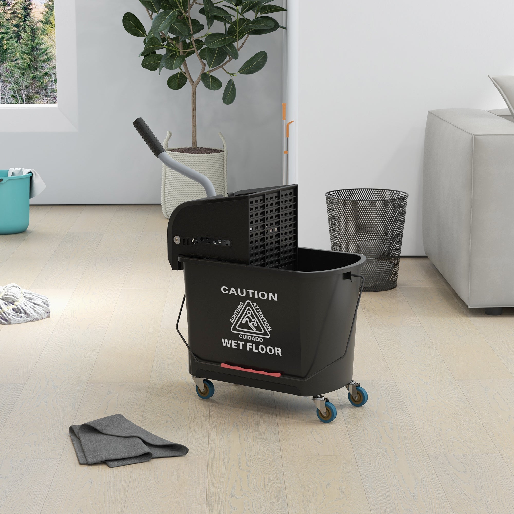 HOMCOM Mop Bucket with Wringer, Mop Bucket on Wheels for Floor Cleaning, 5 Gallon, Separate Dirty and Clean Water, Black 