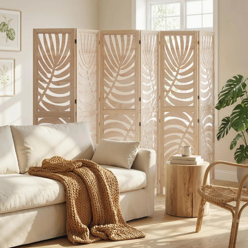 6 Panel Room Divider, Detachable Folding Privacy Screens with Palm Leaf Design for Home Office, Natural Wood
