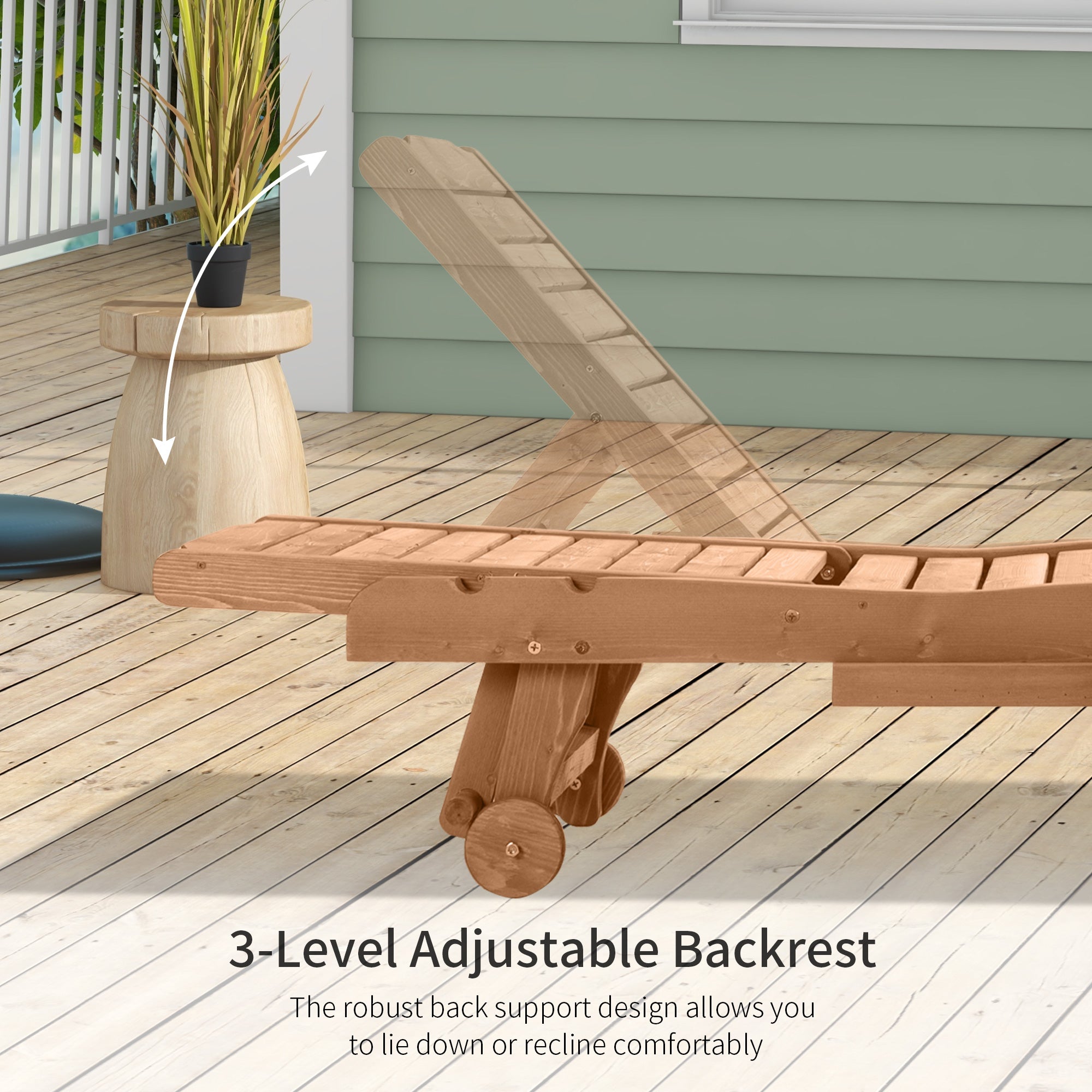 Outsunny Adjustable Wooden Chaise Lounge Outdoor Patio Recliner Garden Furniture with Pullout Tray and 2 Wheels 