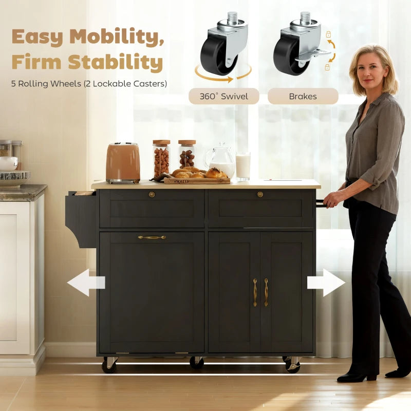 Kitchen Island Cart with Charging Station and Drop Leaf, Kitchen Island Table on Wheels with Trash Can Cabinet, Black