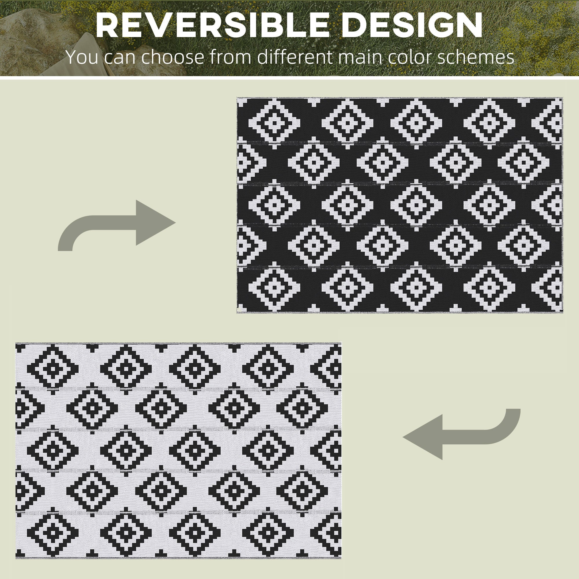 Outsunny Reversible Outdoor RV Rug, Patio Floor Mat, 6' x 9' Plastic Straw Rug for Backyard, Deck, Beach, Camping, Black & White 