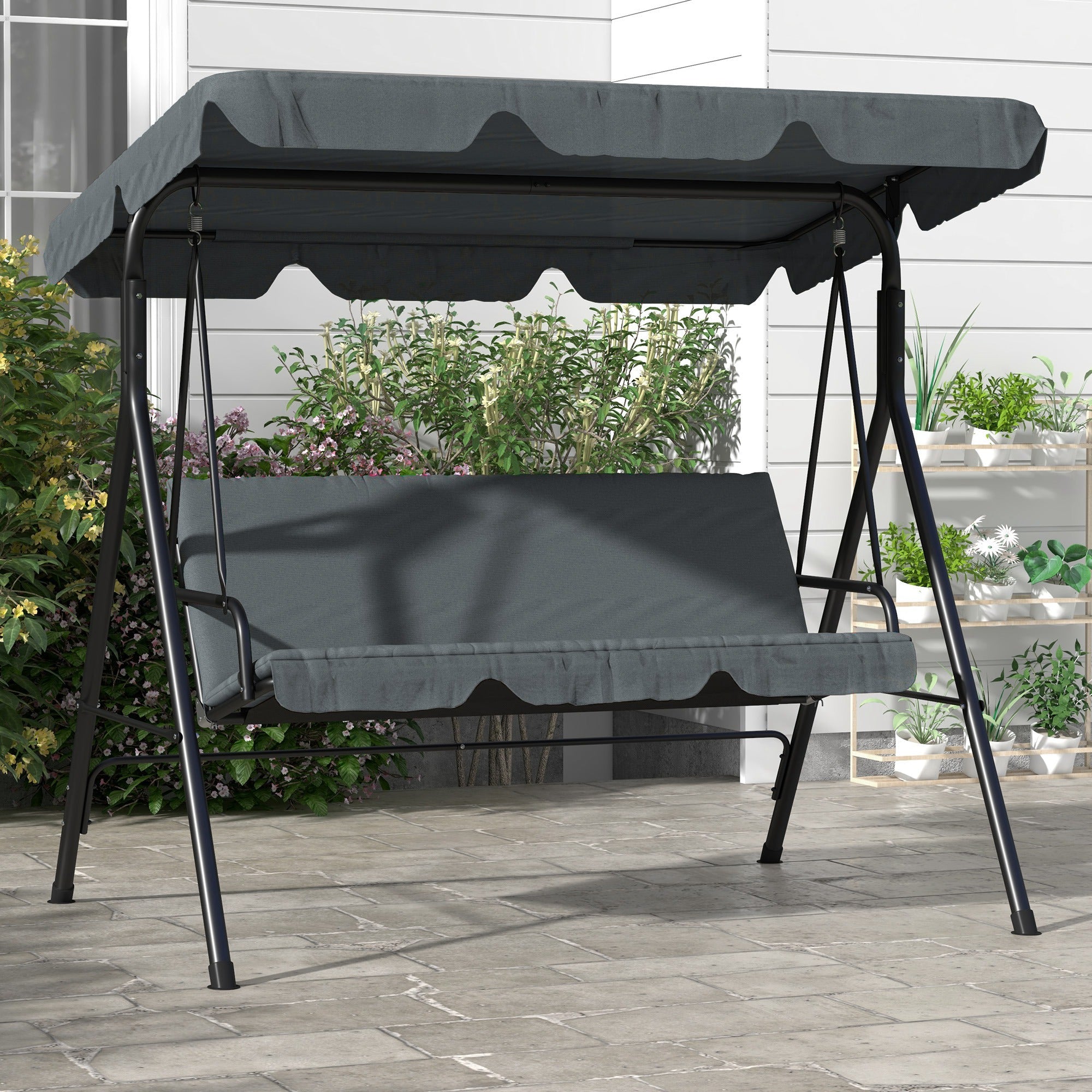 Outsunny 3-Seater Outdoor Porch Swing with Adjustable Canopy, Patio Swing Chair for Garden, Poolside, Backyard, Grey 