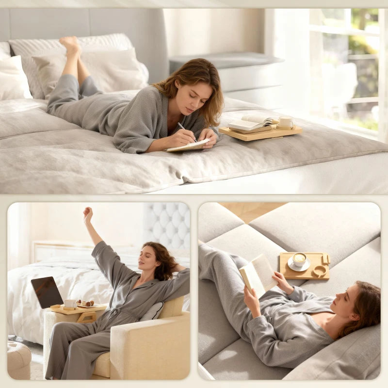 Couch Arm Tray, Clip-On Side Table with 360° Rotating Phone Holder and Removable Cup Holder, Natural