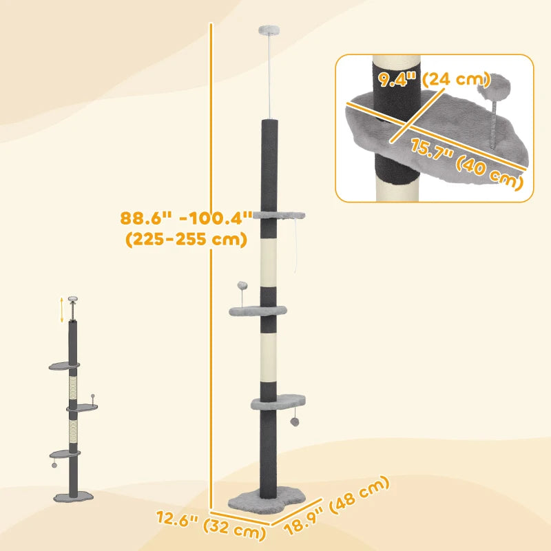 88.5"-100.5" Floor to Ceiling Cat Tree, Cat Tower with Scratching Posts, Cloud Shaped Platforms, Dangling Balls, Grey