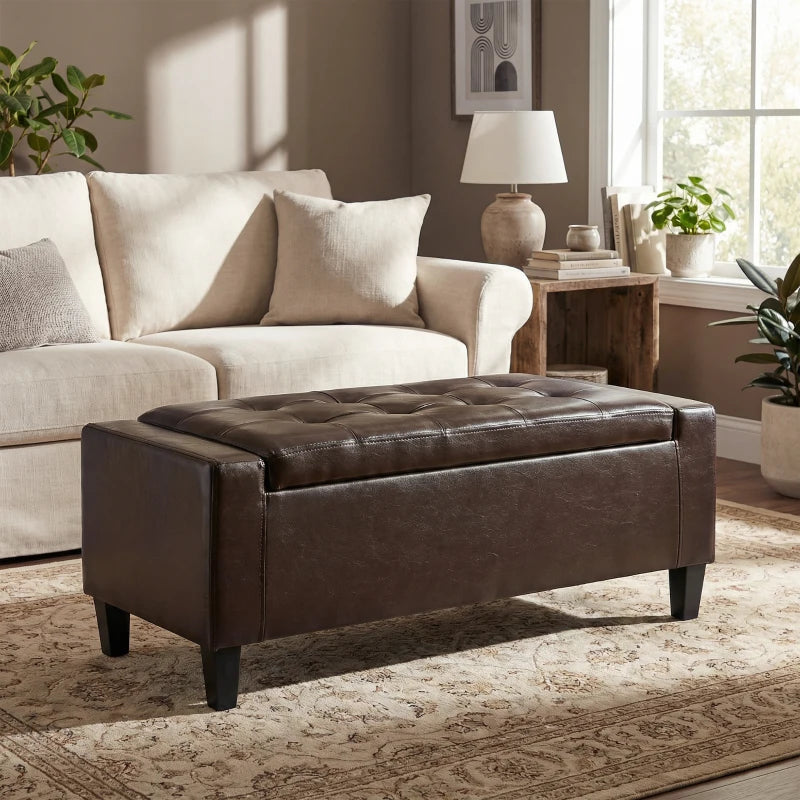 Storage Ottoman Bench, PU Leather Upholstered Bench with Tufted Design, Brown