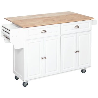 HOMCOM Rolling Kitchen Island on Wheels Utility Cart with Drop-Leaf and Rubber Wood Countertop, Storage Drawers, Door Cabinets, White 