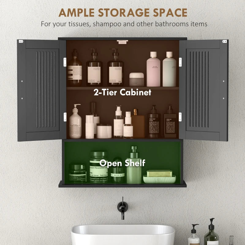 Modern Wall Mount Bathroom Cabinet, Storage Organizer with 2 Door Cabinet and Shelf, Black