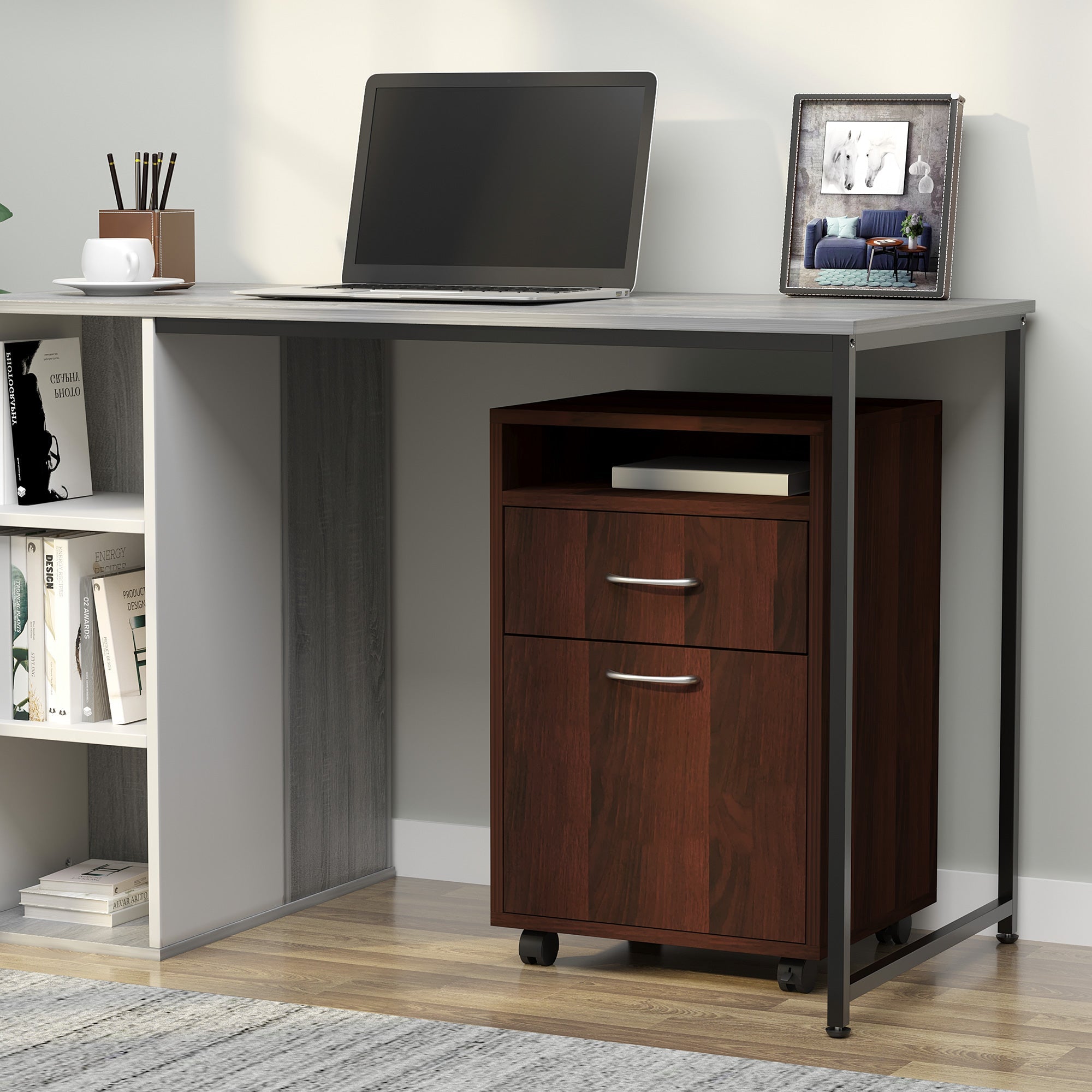 HOMCOM Small Filing Cabinet 24" Open Compartment Drawer Wheels Home Office Storage Espresso Wood Furniture 