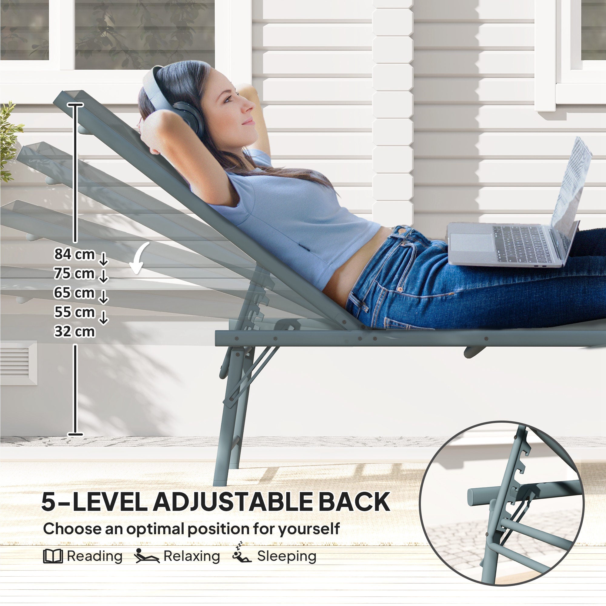 Outsunny 2 Pieces Folding Outdoor Lounge Chairs, Reclining Chaise Lounge Tanning Chair w/ Adjustable Back, Mesh Seat, Light Grey 