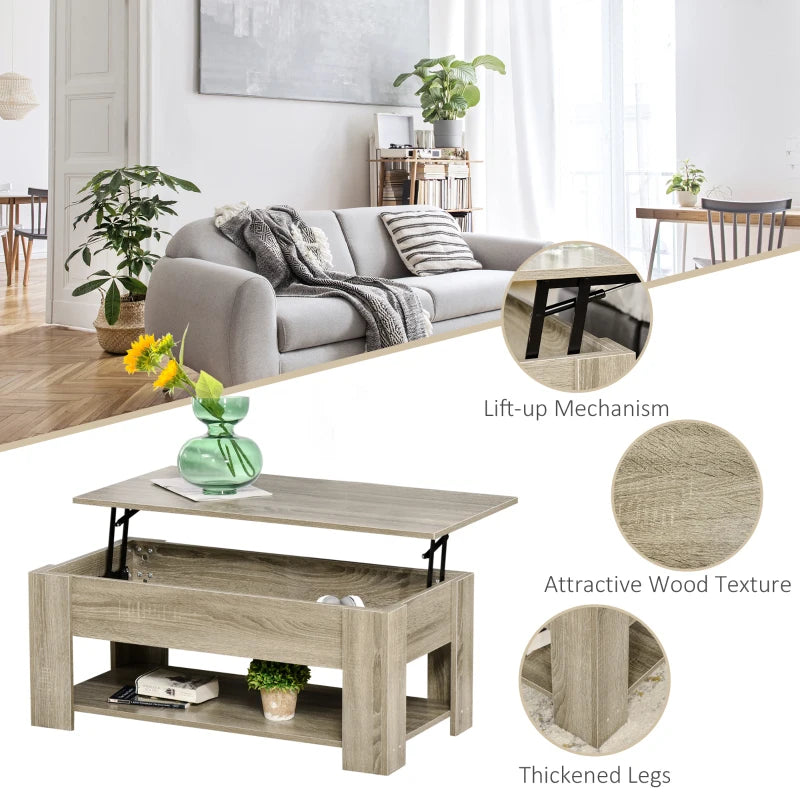 Lift Top Coffee Table with Hidden Storage Compartment and Open Shelf, Center Table for Living Room, Grey