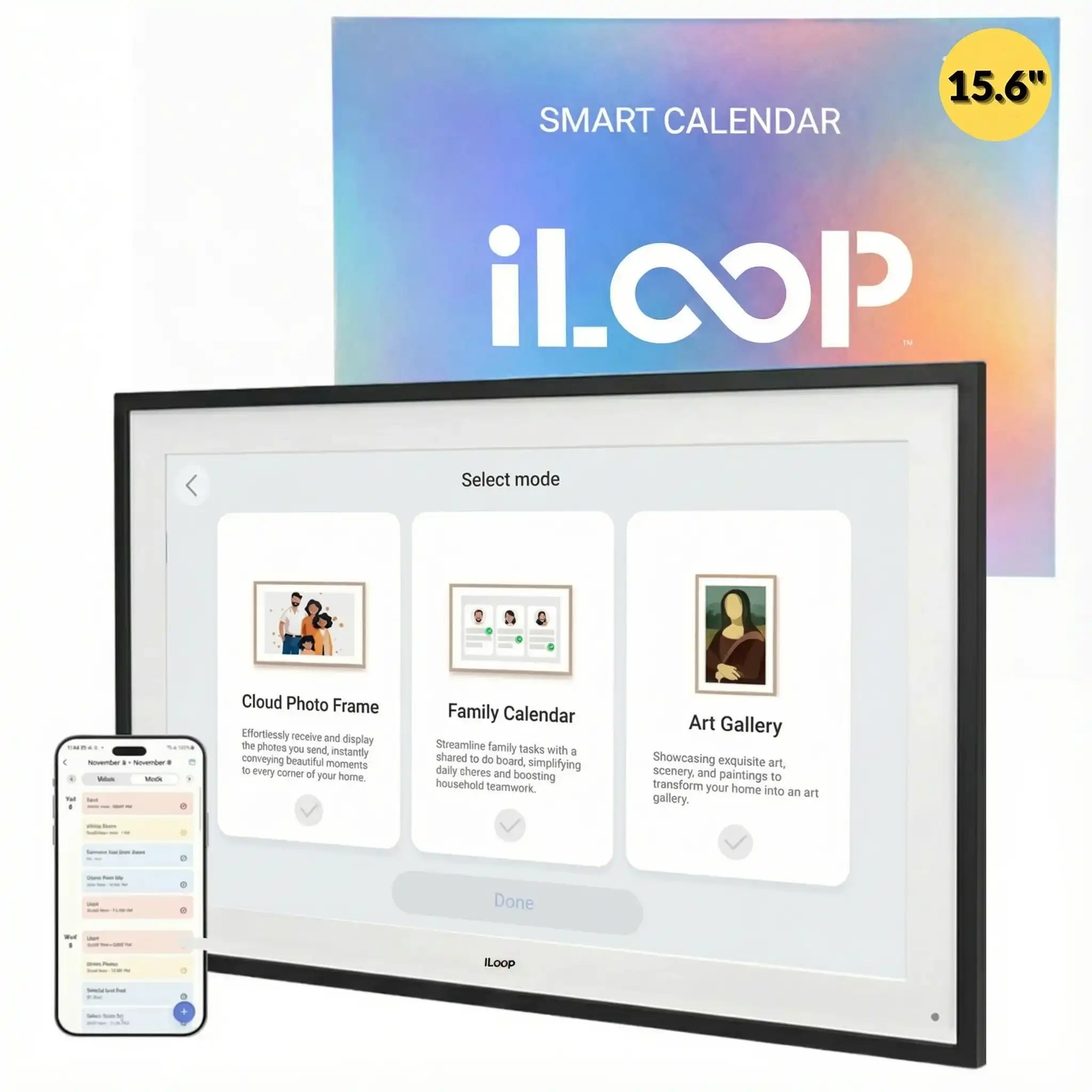 iLoop 15.6” Digital Calendar 32GB | Calendar, Wi-Fi Photo & Video Frame, Art Gallery | Premium Features No Subscription, Touchscreen