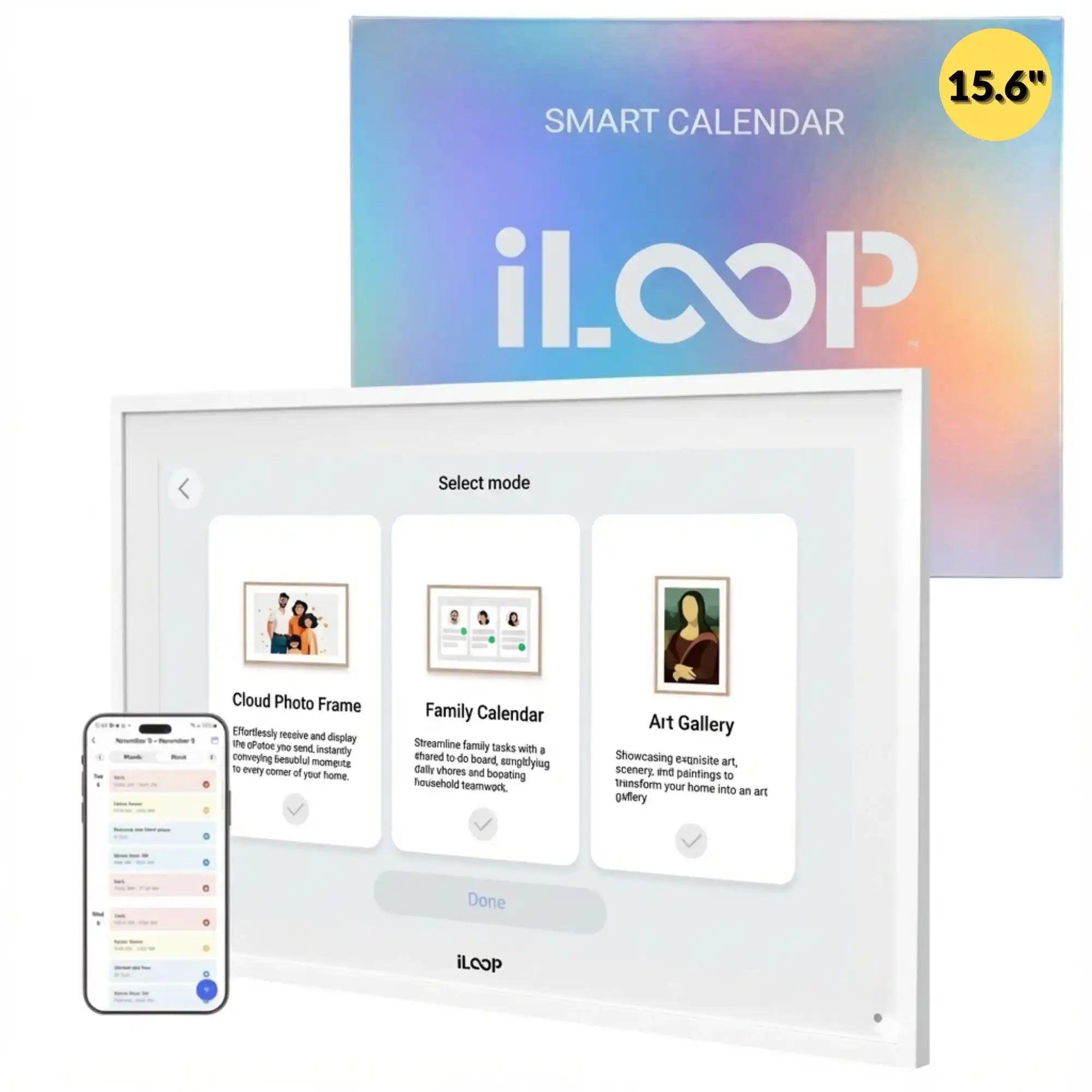 iLoop 15.6” Digital Calendar 32GB | Calendar, Wi-Fi Photo & Video Frame, Art Gallery | Premium Features No Subscription, Touchscreen