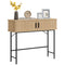 Mid-Century Narrow Console Table with Slatted Tambour Sliding Doors, Entryway Table with Steel Legs, Oak and Black