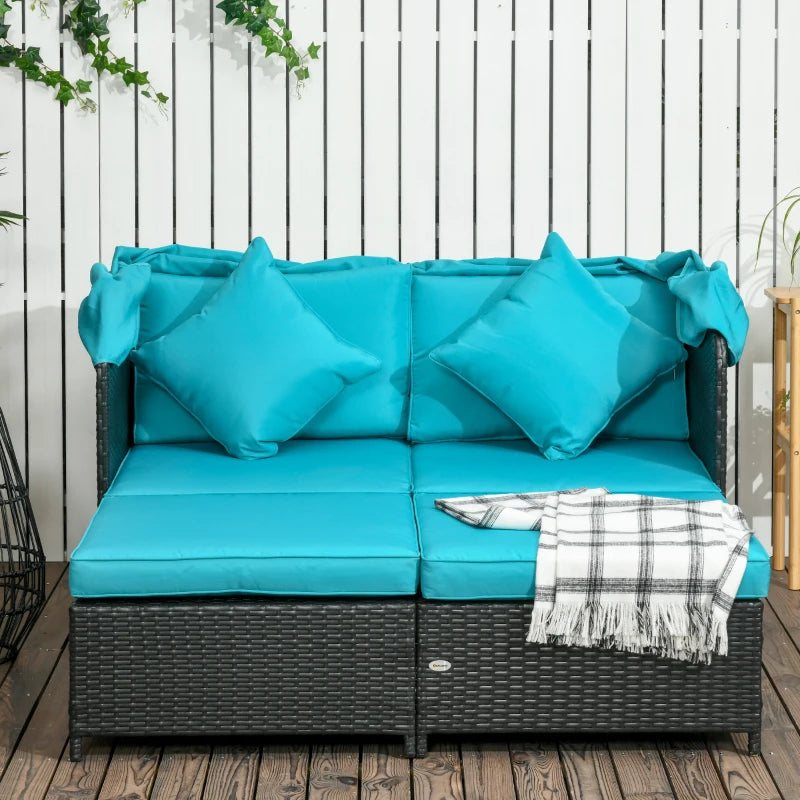 Patio Daybed, Outdoor Wicker Double Daybed, PE Rattan Sun Lounger for 2-Person with Cushions, and Foldable Awning, for Garden, Balcony, Poolside, Green