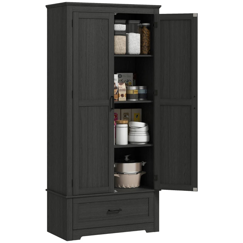 69" Tall Farmhouse Kitchen Pantry Cabinet with 2 Doors, Drawer and Adjustable Shelves, Black Wood Grain