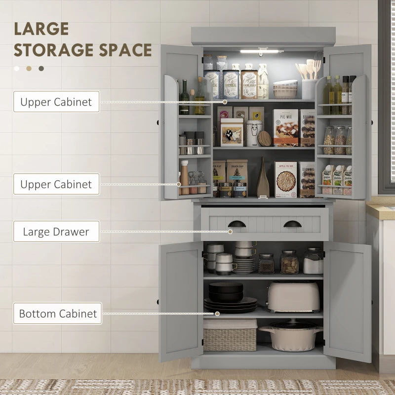 71" Kitchen Pantry Cabinet with LED Lights, 6 Spice Racks, a Drawer and 4 Adjustable Shelves, Grey