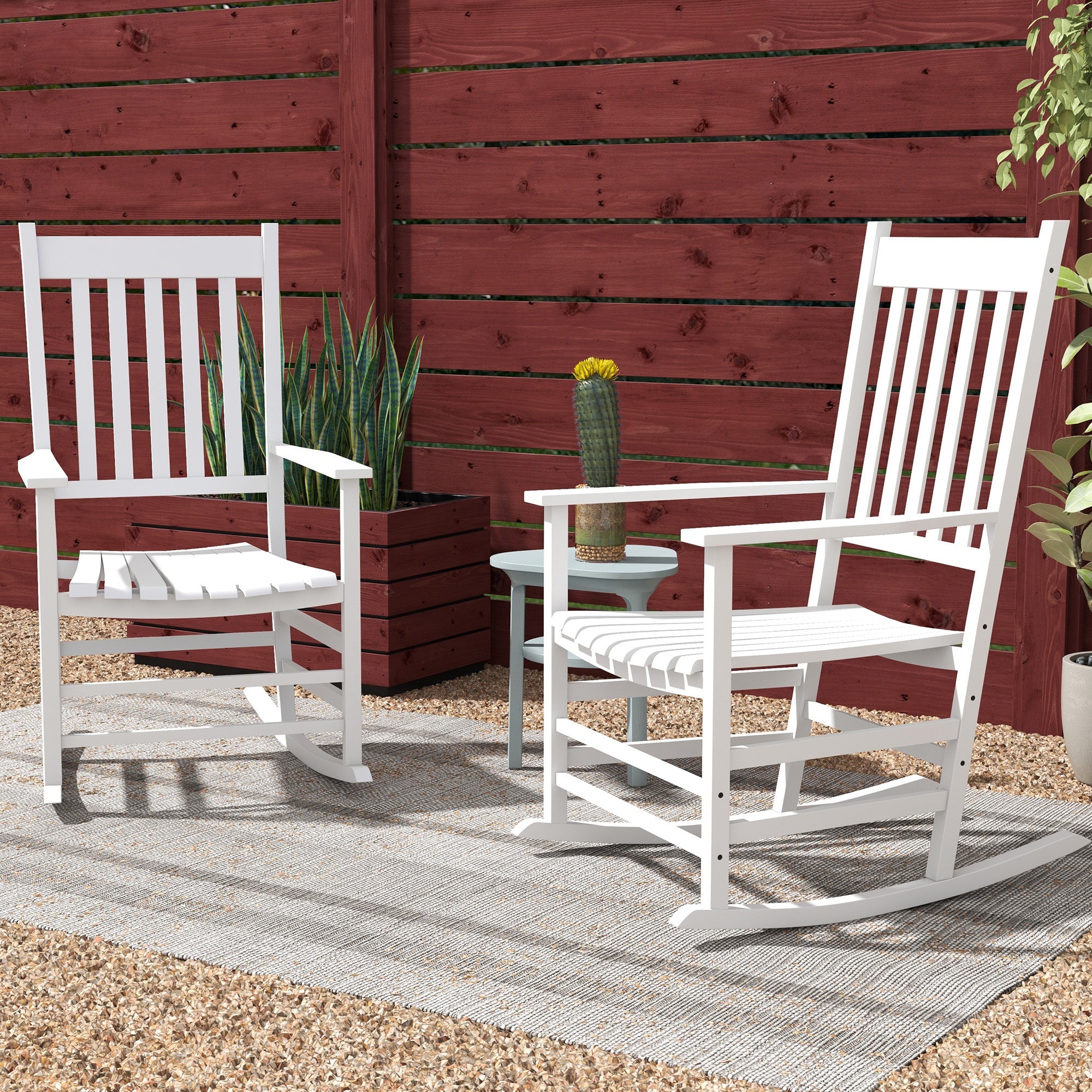 Outsunny Wooden Patio Rocking Chairs Set of 2, Outdoor Rocker Chairs with Wide Armrests, High Back for Garden, Balcony, White 