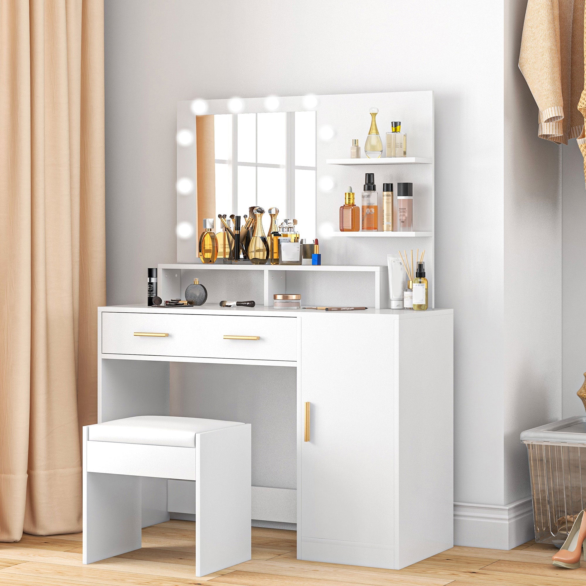 HOMCOM Illuminated Dressing Table Set, LED Vanity Table Set with Stool, LED Mirror, Drawer and Cabinet Shelves for Bedroom 