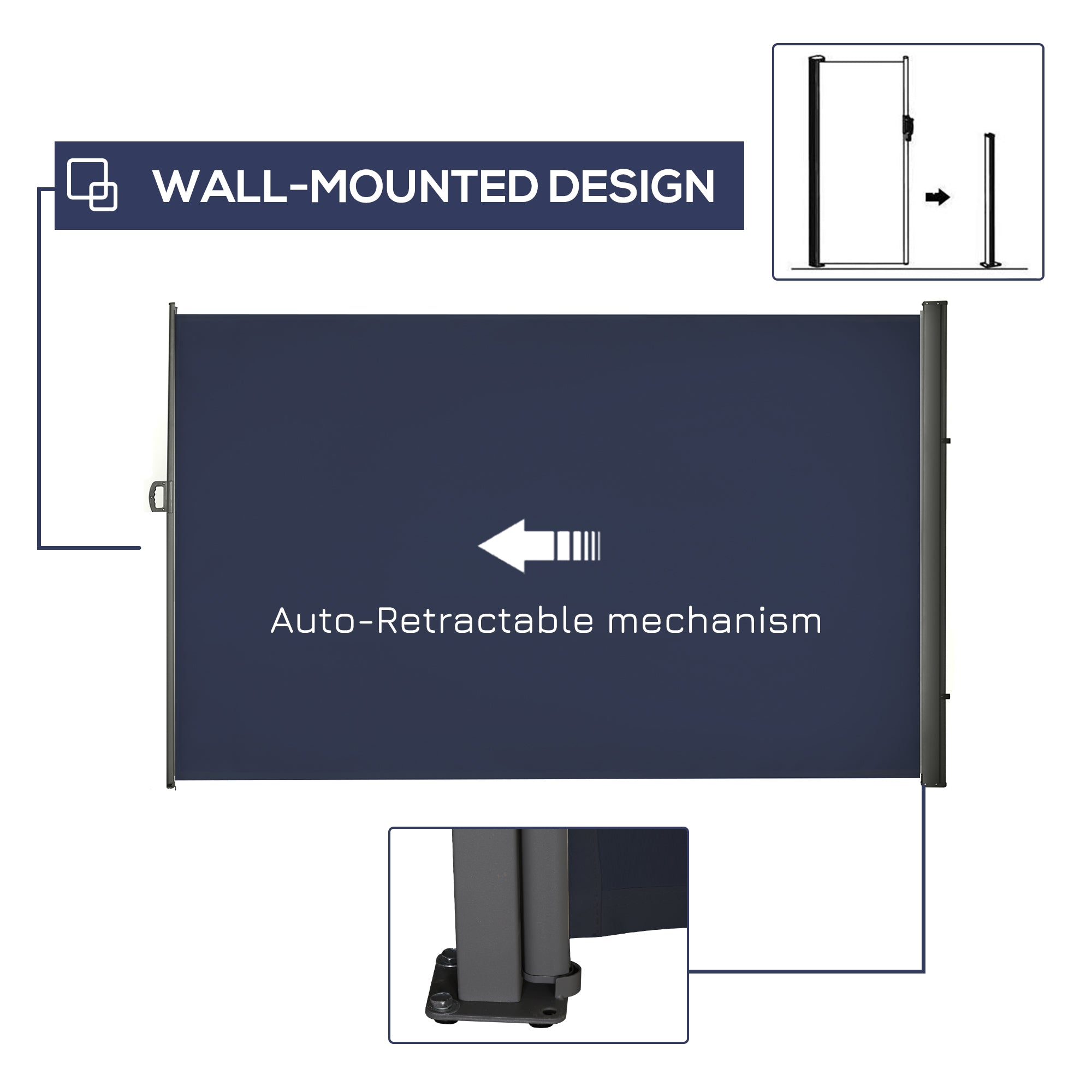 Outsunny Retractable Sidescreen: 118" x 79" UV Wind Resistant Outdoor Privacy Panel for Folding Patio, Dark Blue 
