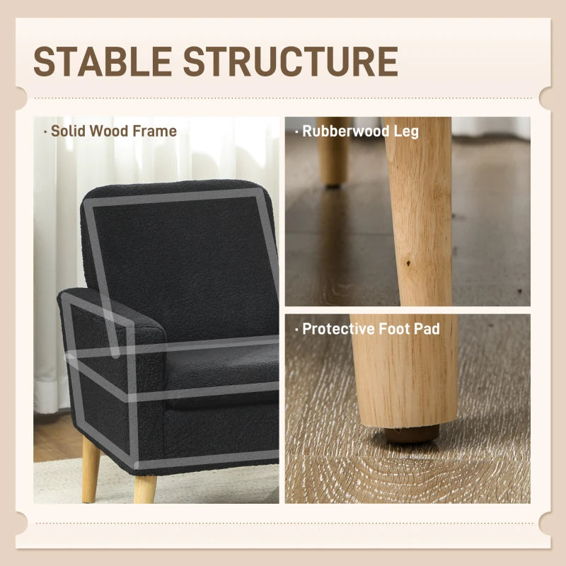 Fabric Accent Chair, Modern Upholstered Armchair with Wood Legs and Wide Padded Seat, Black